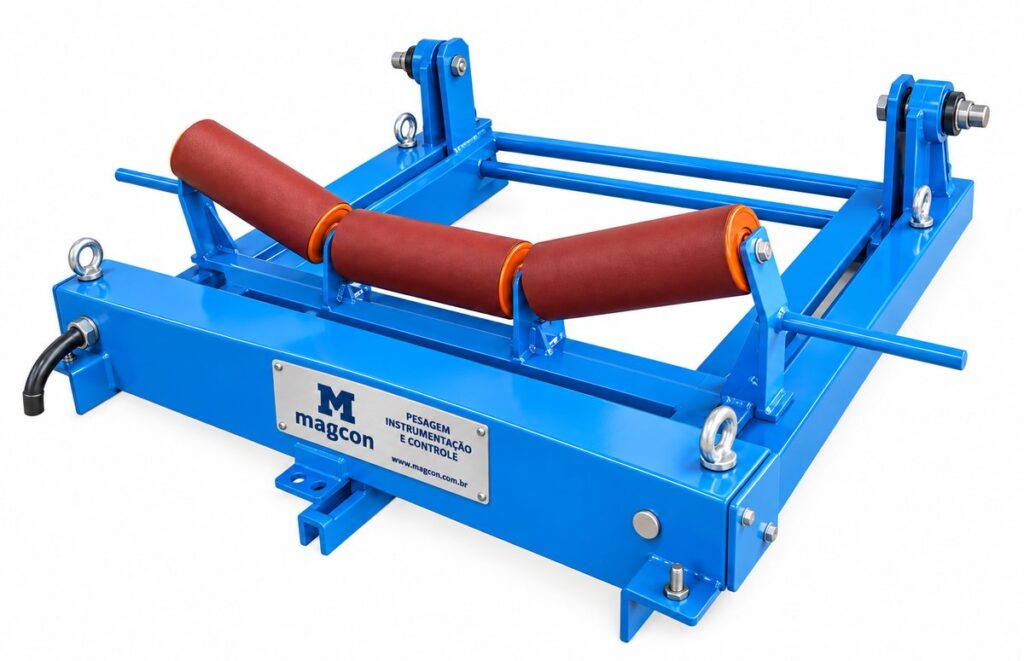 Ponte de pesagem M301 da Magcon, estrutura azul com um rolete de pesagem vermelho