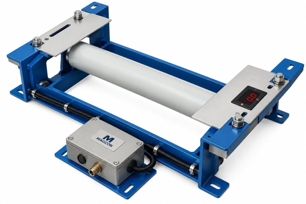 Balança integradora M301E da Magcon, estrutura azul com um rolete de pesagem e caixa de ligação inox