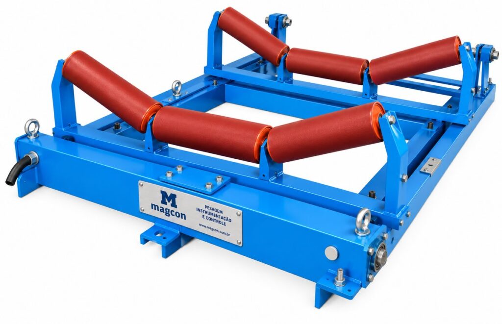 Ponte de pesagem M302 da Magcon, estrutura azul com dois roletes de pesagem vermelhos