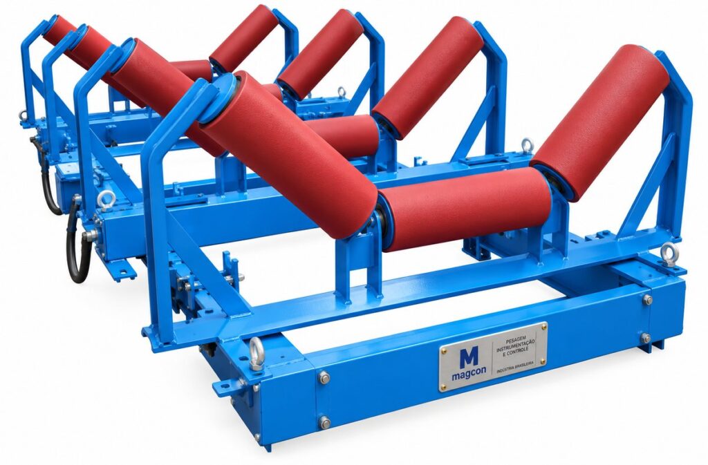 Ponte de pesagem M304 da Magcon, estrutura azul com quatro roletes de pesagem vermelhos