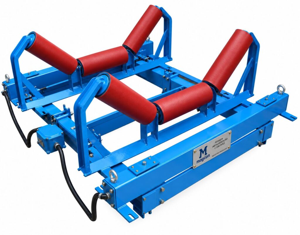 Ponte de pesagem M304-2 da Magcon, estrutura azul com dois roletes de pesagem vermelhos e cabeamento