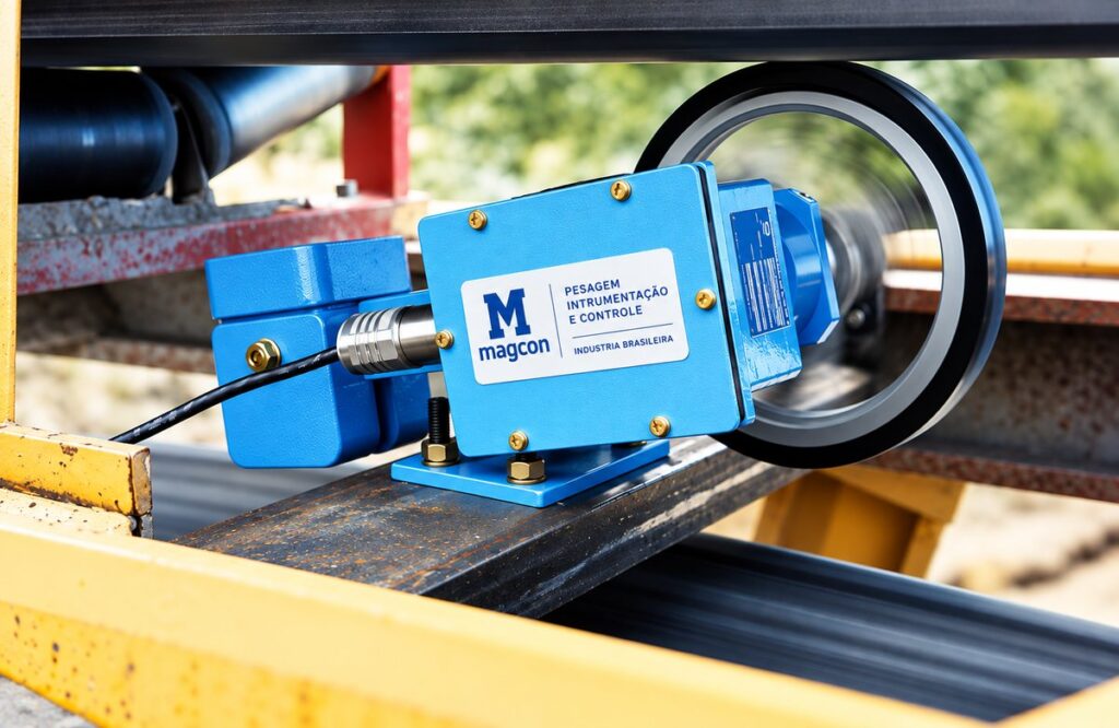 Sensor de velocidade M352E da Magcon instalado sob a correia transportadora, com a roda em contato com a correia
