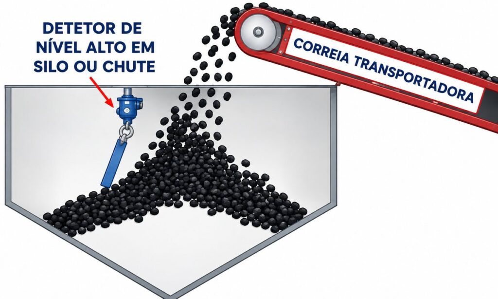 Desenho do sensor SDM detectando nível alto de material em silo ou chute sob correia transportadora