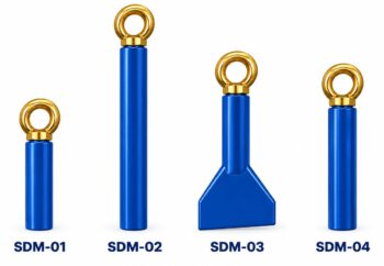 Quatro modelos de sensor de nível tipo sonda SDM da Magcon, em azul com olhal dourado: SDM-01 a SDM-04